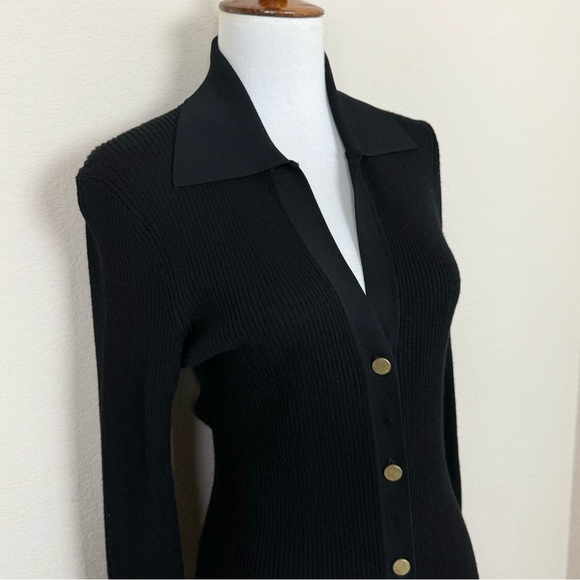 ALICE + OLIVIA Alcina Long Sleeve Button-Up Rib Knit Midi Dress in Black - Picture 11 of 16